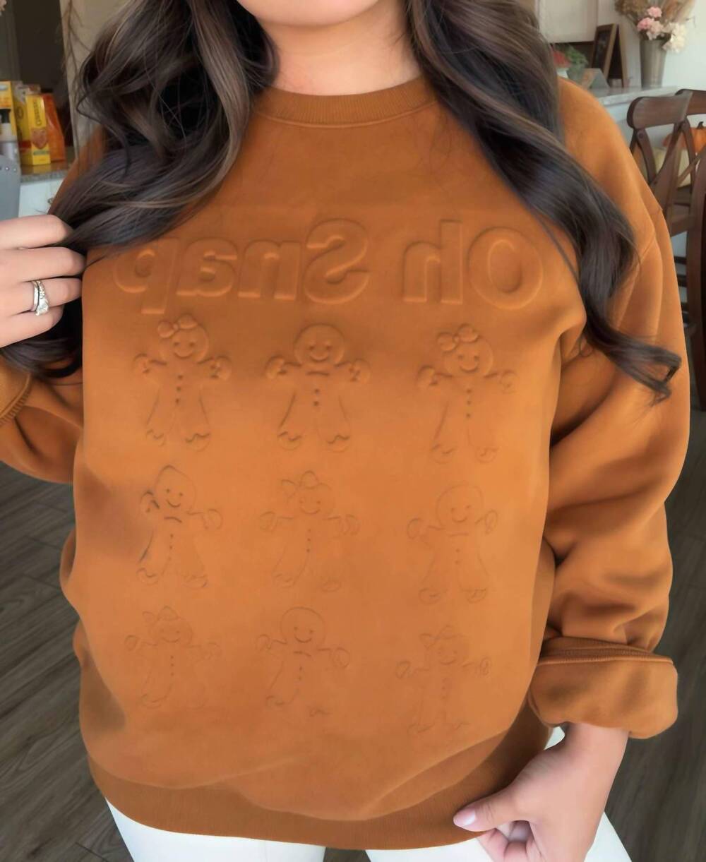NEW JADYK oh snap embossed gingerbread 3d sweatshirt in orange